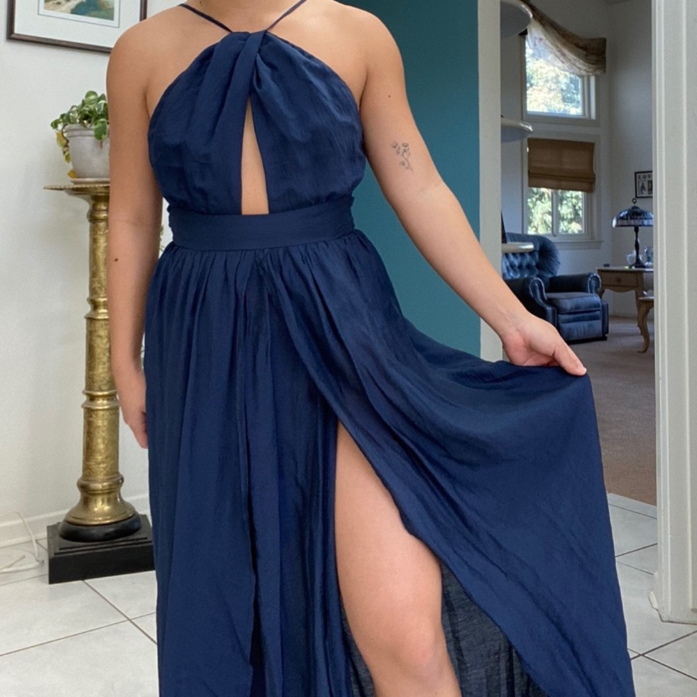 Navy Blue Halter Dress with 2 Slits